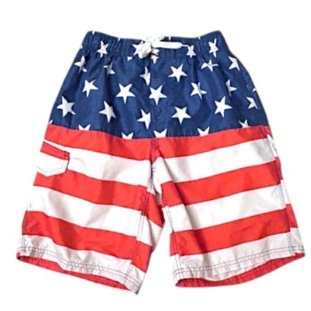 Kanu Surf Boy's Size S American Flag Swim Trunks Patriotic Stars Stripes Shorts